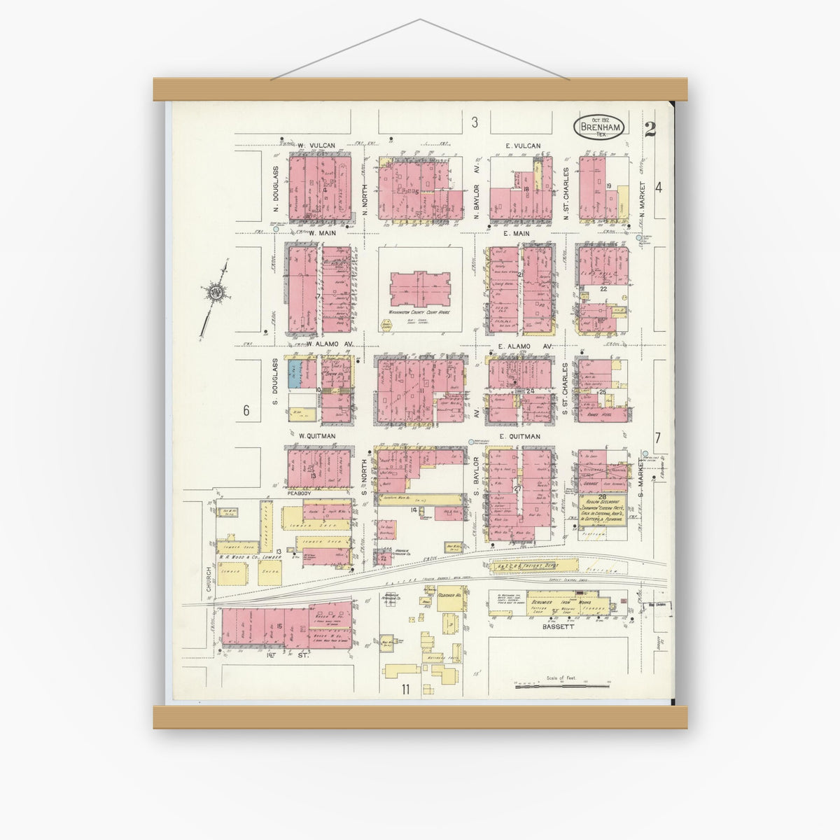 Old map wall art mockup — magnetic wood frame on white wall — Sanborn Fire Insurance Map from Brenham, Washington County, Texas (1912), Sheet #0002