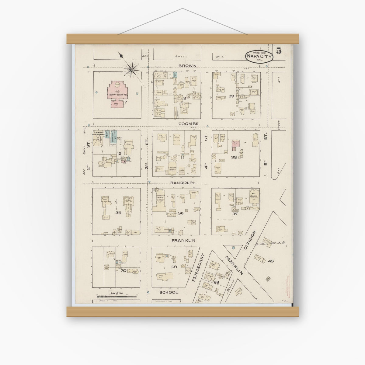 Old map wall art mockup — magnetic wood frame on white wall — Sanborn Fire Insurance Map from Napa, Napa County, California (1886), Sheet #0005