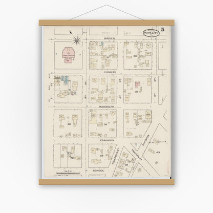 Old map wall art mockup — magnetic wood frame on white wall — Sanborn Fire Insurance Map from Napa, Napa County, California (1886), Sheet #0005