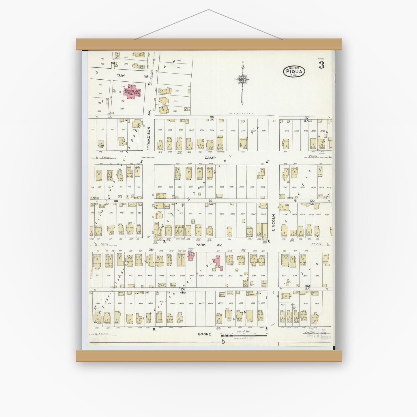 Old map wall art mockup — magnetic wood frame on white wall — Sanborn Fire Insurance Map from Piqua, Miami County, Ohio (1920), Sheet #0003