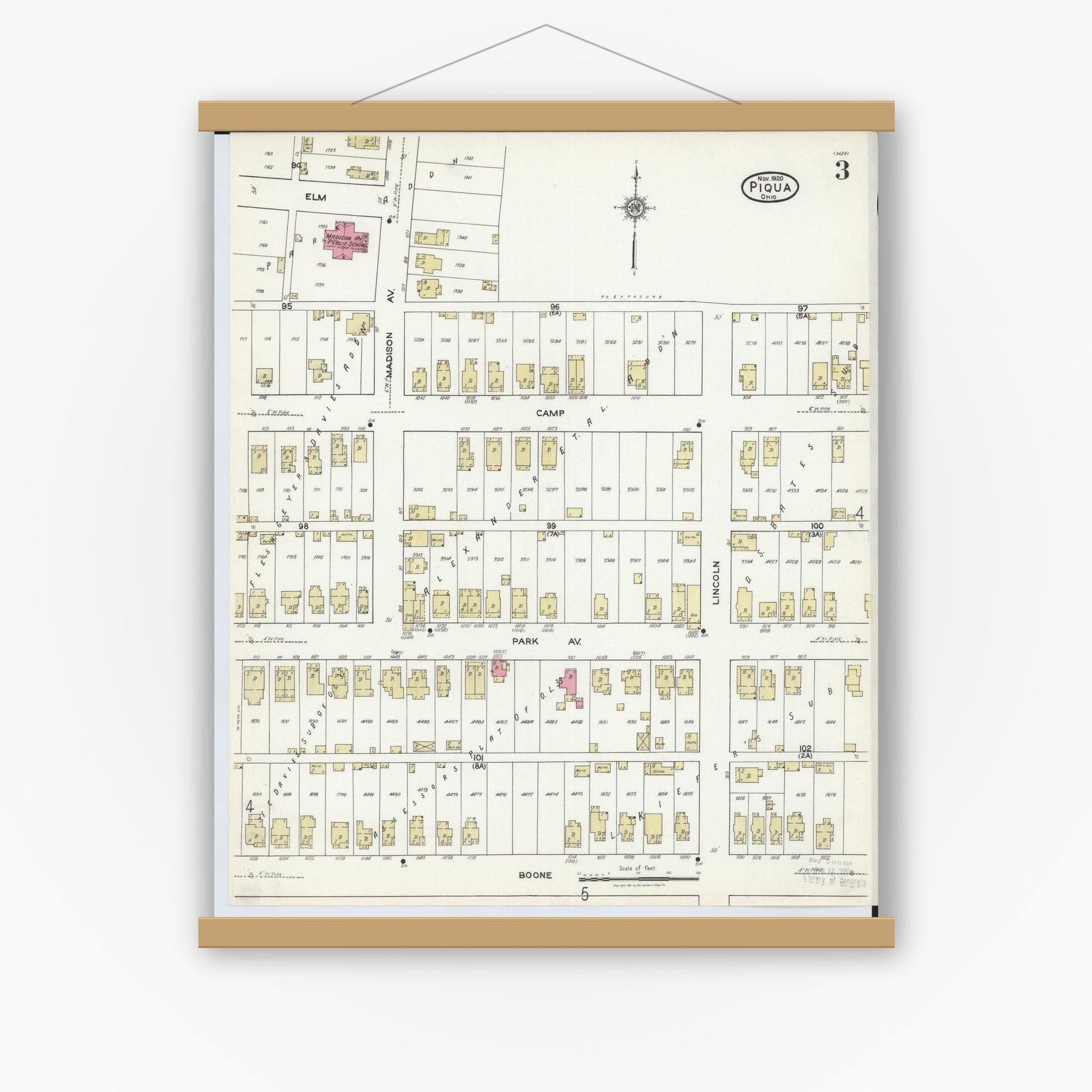 Old map wall art mockup — magnetic wood frame on white wall — Sanborn Fire Insurance Map from Piqua, Miami County, Ohio (1920), Sheet #0003