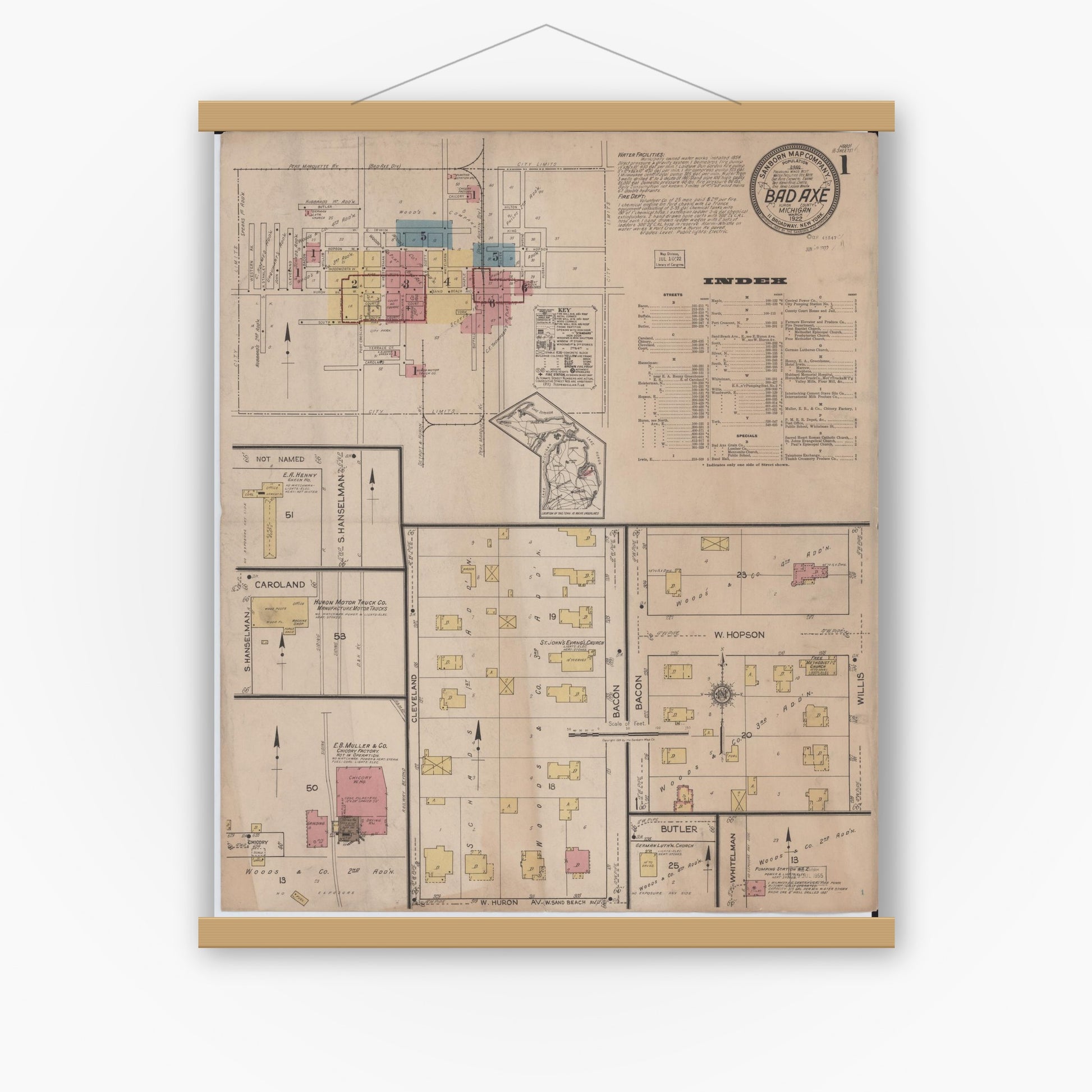 Old map wall art mockup — magnetic wood frame on white wall — Sanborn Fire Insurance Map from Bad Axe, Huron County, Michigan (1922), Sheet #0001