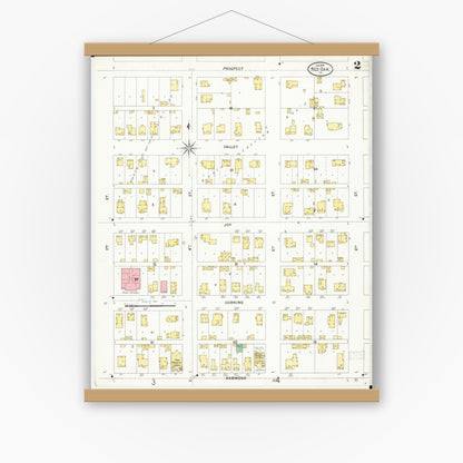 Old map wall art mockup — magnetic wood frame on white wall — Sanborn Fire Insurance Map from Red Oak, Montgomery County, Iowa (1899), Sheet #0002