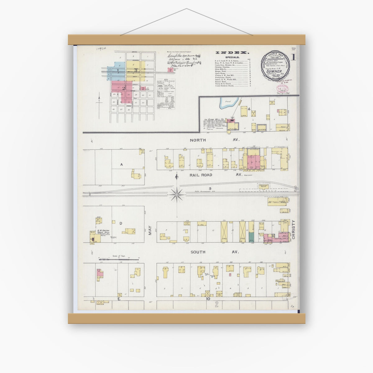 Old map wall art mockup — magnetic wood frame on white wall — Sanborn Fire Insurance Map from Sumner, Lawrence County, Illinois (1894), Sheet #0001