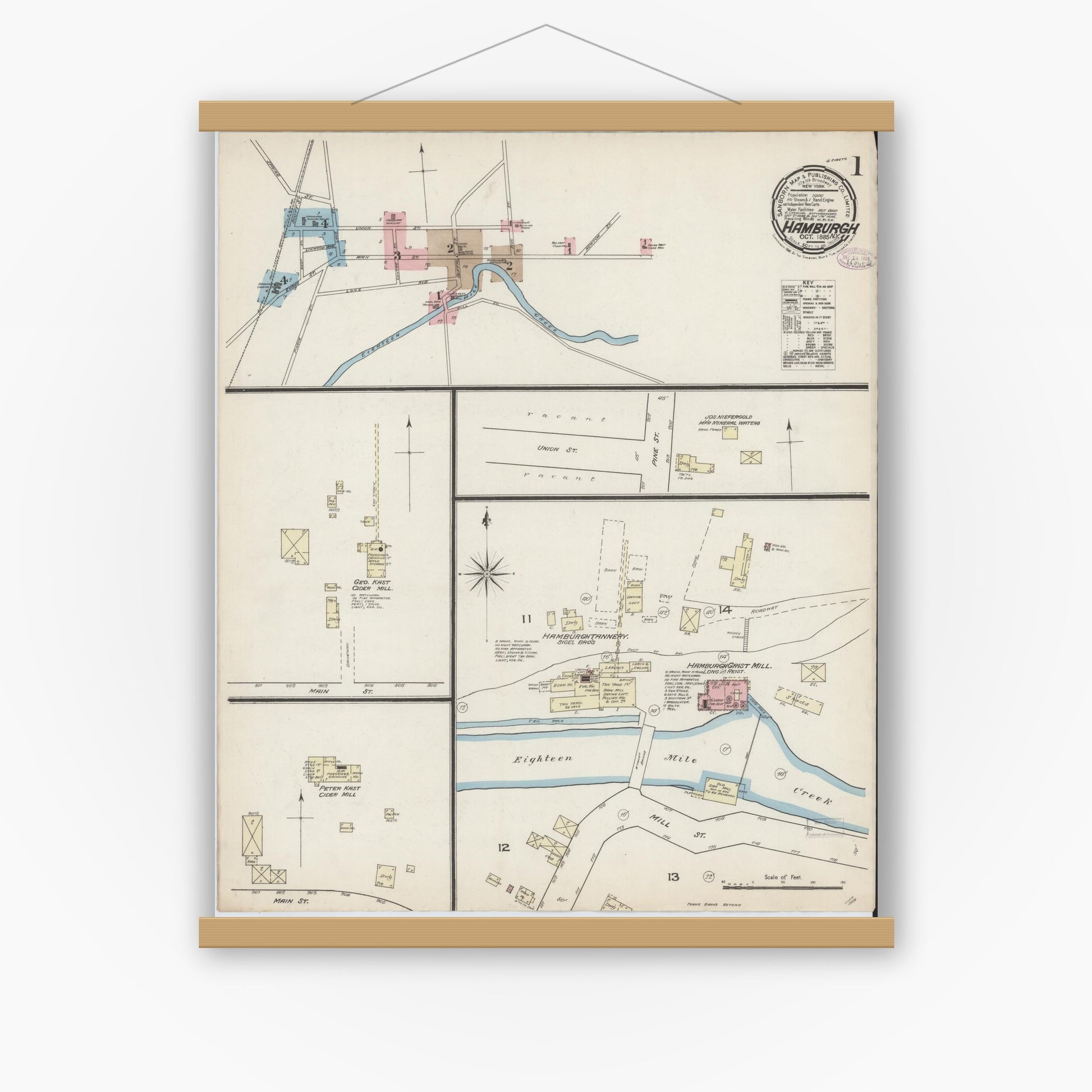 Old map wall art mockup — magnetic wood frame on white wall — Sanborn Fire Insurance Map from Hamburg, Erie County, New York (1885), Sheet #0001