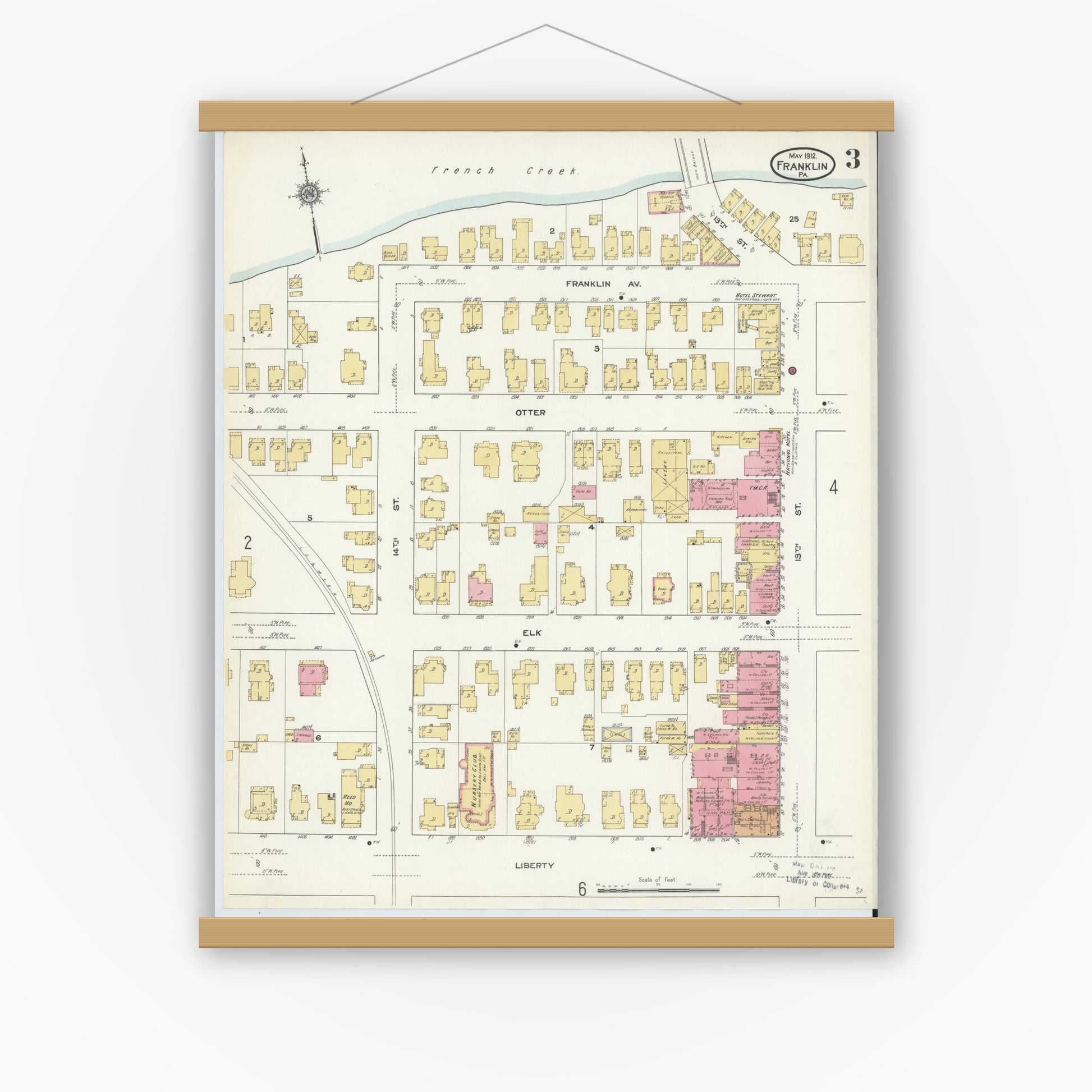 Old map wall art mockup — magnetic wood frame on white wall — Sanborn Fire Insurance Map from Franklin, Venango County, Pennsylvania (1912), Sheet #0003