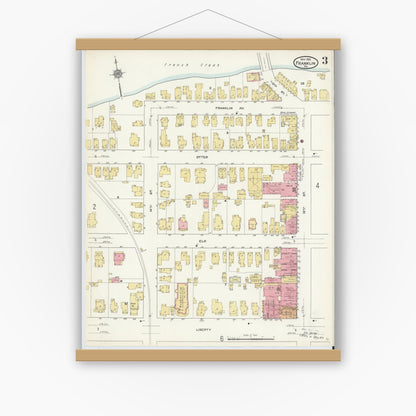 Old map wall art mockup — magnetic wood frame on white wall — Sanborn Fire Insurance Map from Franklin, Venango County, Pennsylvania (1912), Sheet #0003