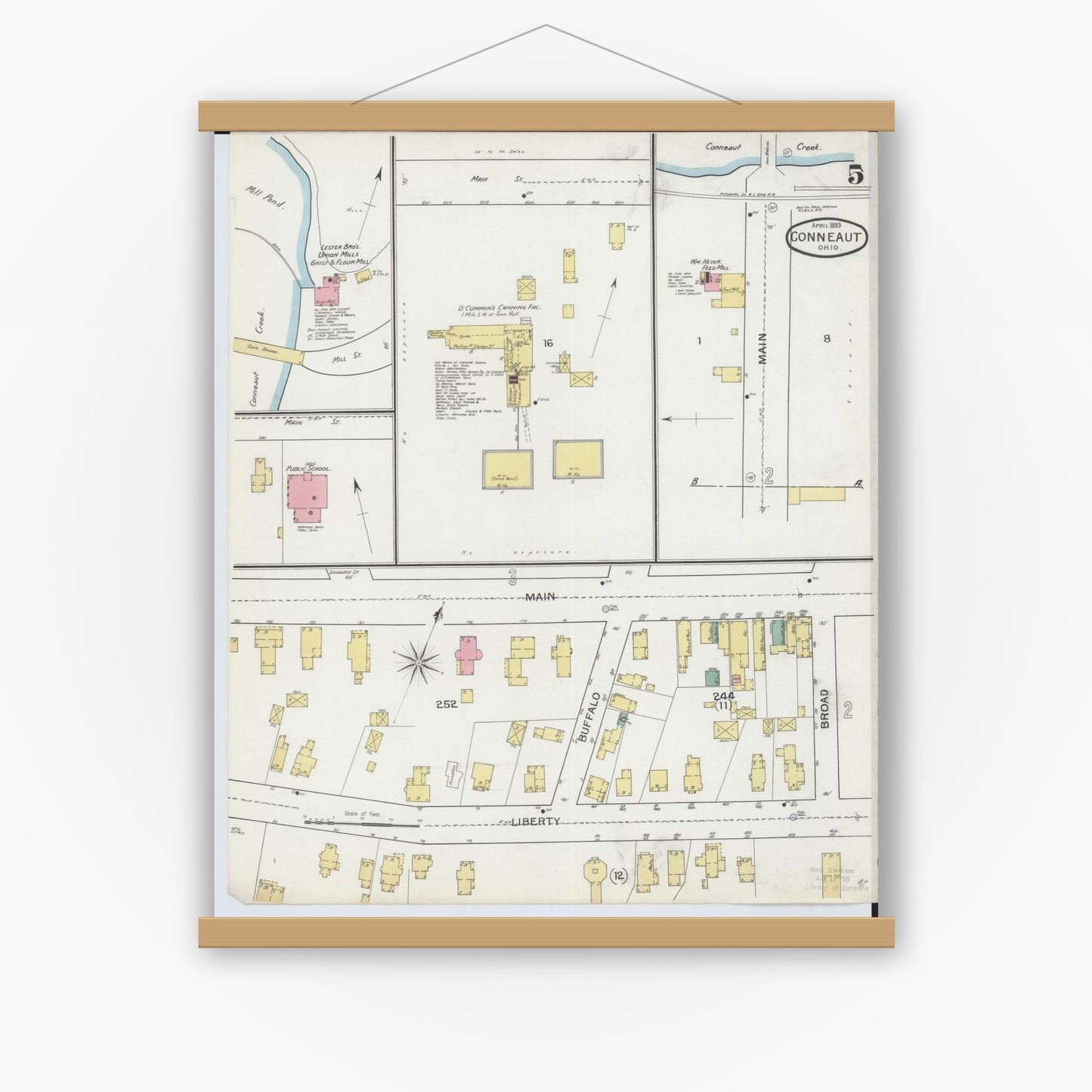 Old map wall art mockup — magnetic wood frame on white wall — Sanborn Fire Insurance Map from Conneaut, Ashtabula County, Ohio (1893), Sheet #0005