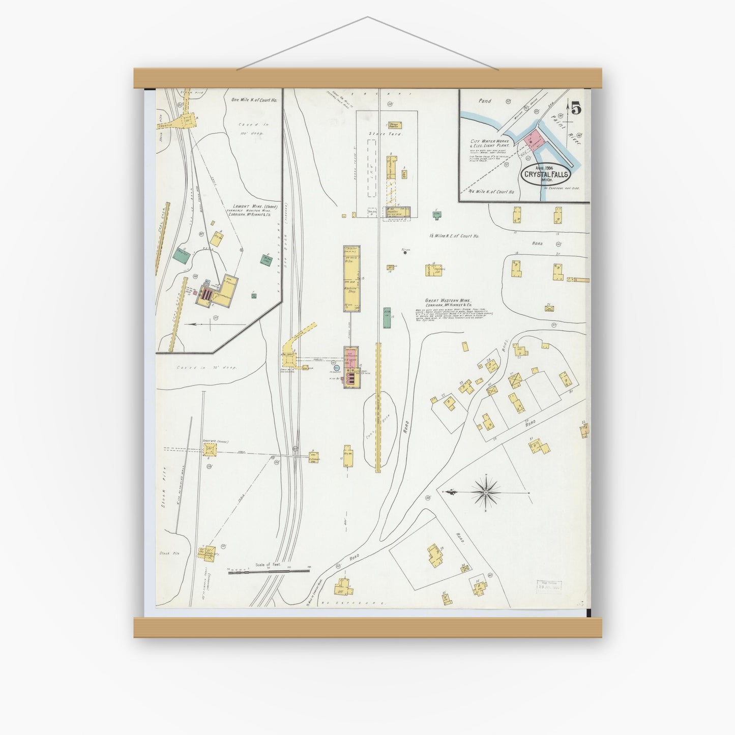 Old map wall art mockup — magnetic wood frame on white wall — Sanborn Fire Insurance Map from Crystal Falls, Iron County, Michigan (1904), Sheet #0005
