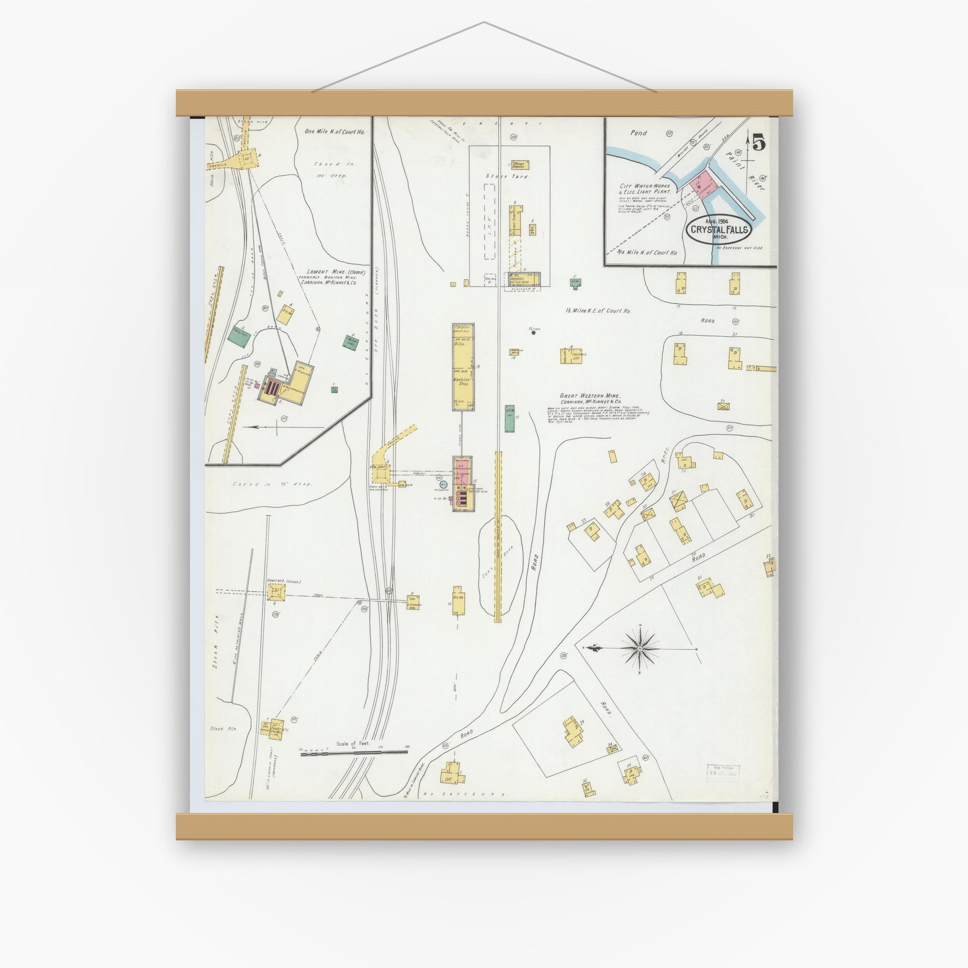 Old map wall art mockup — magnetic wood frame on white wall — Sanborn Fire Insurance Map from Crystal Falls, Iron County, Michigan (1904), Sheet #0005