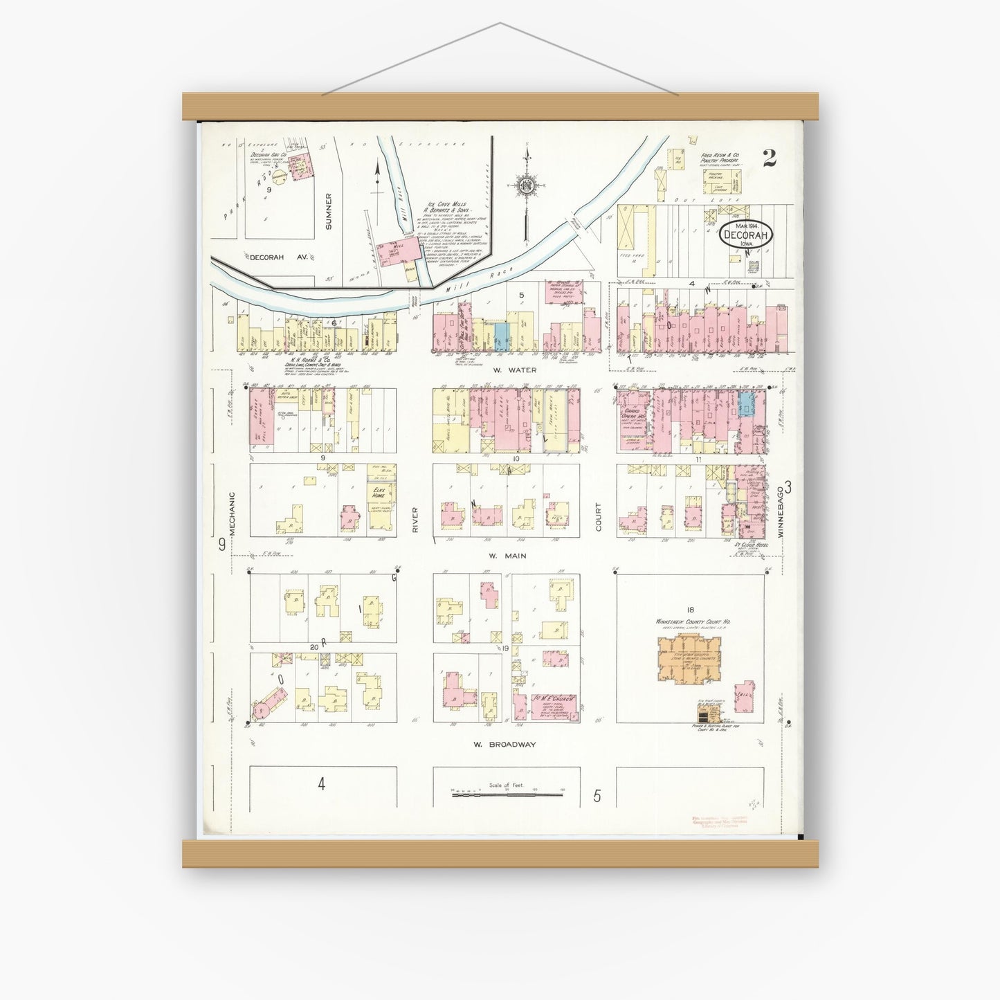 Old map wall art mockup — magnetic wood frame on white wall — Sanborn Fire Insurance Map from Decorah, Winneshiek County, Iowa (1914), Sheet #0002
