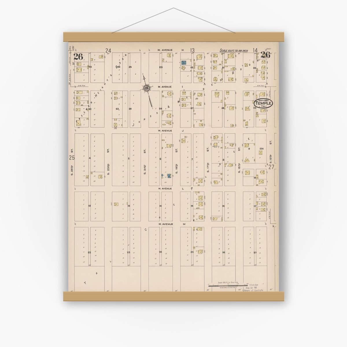 Old map wall art mockup — magnetic wood frame on white wall — Sanborn Fire Insurance Map from Temple, Bell County, Texas (1922), Sheet #0026