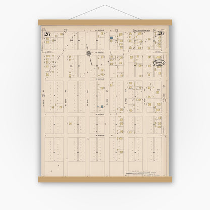 Old map wall art mockup — magnetic wood frame on white wall — Sanborn Fire Insurance Map from Temple, Bell County, Texas (1922), Sheet #0026
