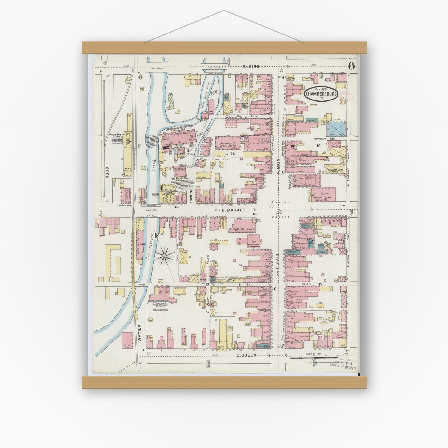 Old map wall art mockup — magnetic wood frame on white wall — Sanborn Fire Insurance Map from Chambersburg, Franklin County, Pennsylvania (1894), Sheet #0006