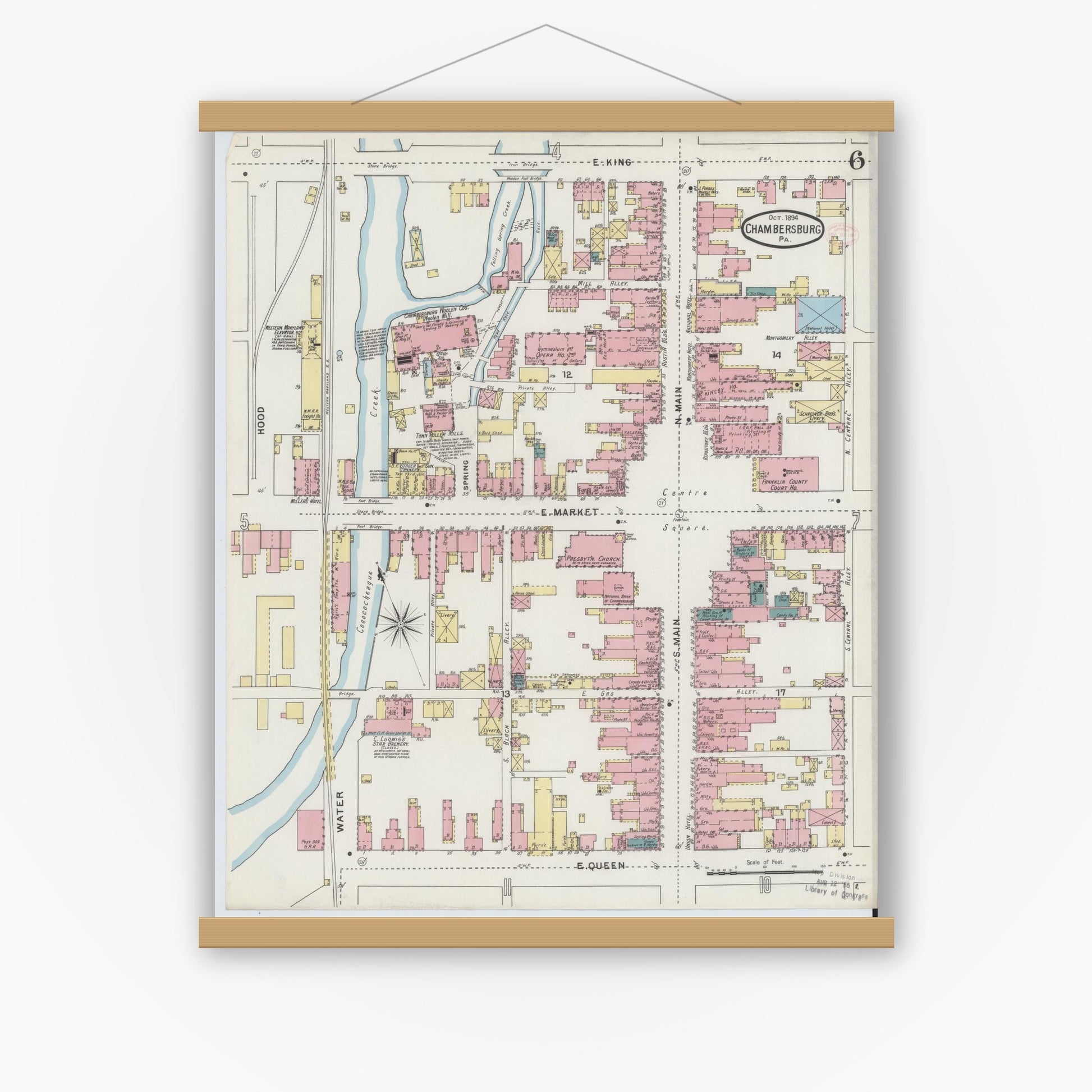 Old map wall art mockup — magnetic wood frame on white wall — Sanborn Fire Insurance Map from Chambersburg, Franklin County, Pennsylvania (1894), Sheet #0006