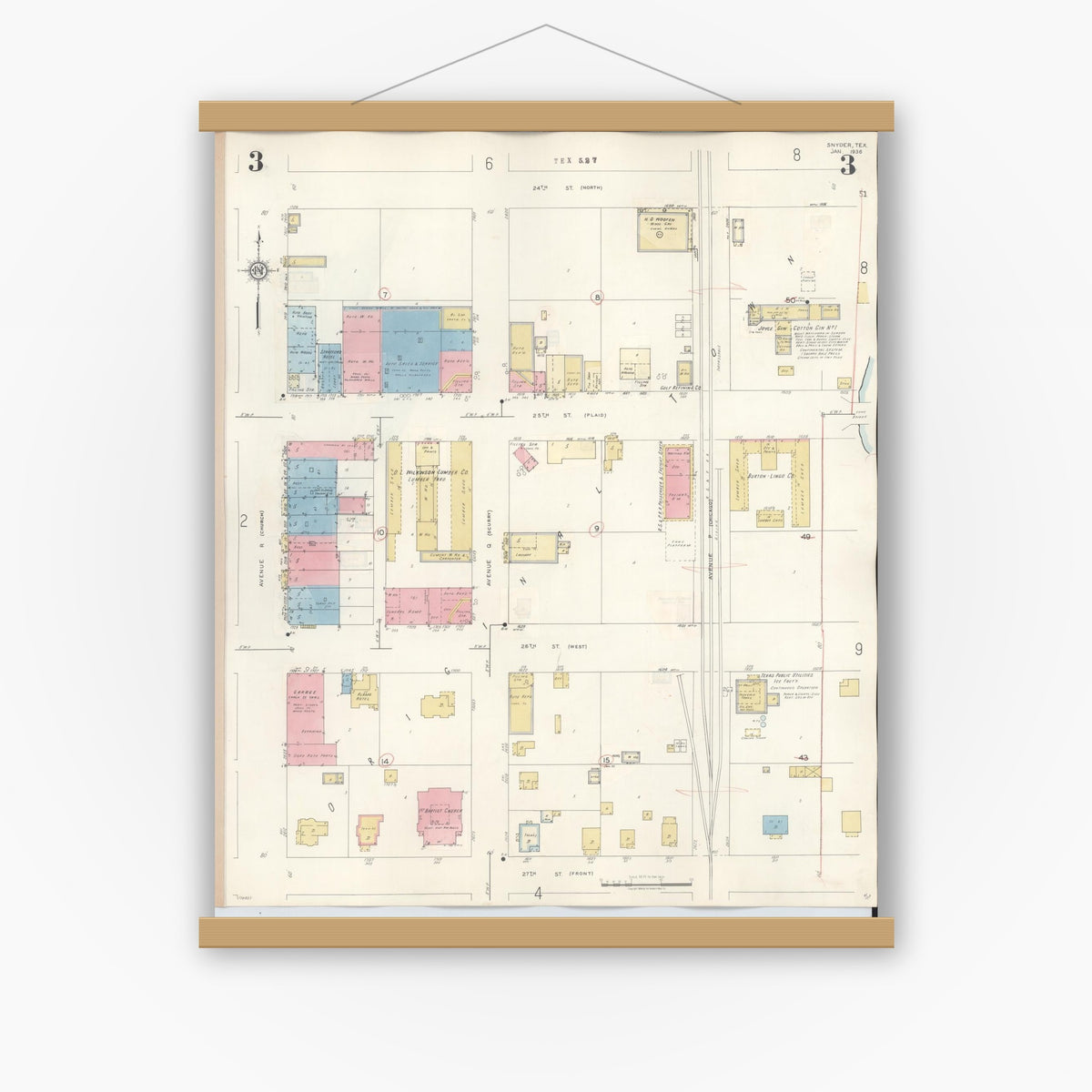 Old map wall art mockup — magnetic wood frame on white wall — Sanborn Fire Insurance Map from Snyder, Scurry County, Texas (1942), Sheet #0003