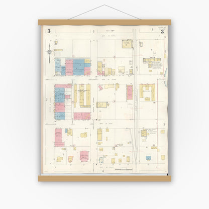 Old map wall art mockup — magnetic wood frame on white wall — Sanborn Fire Insurance Map from Snyder, Scurry County, Texas (1942), Sheet #0003