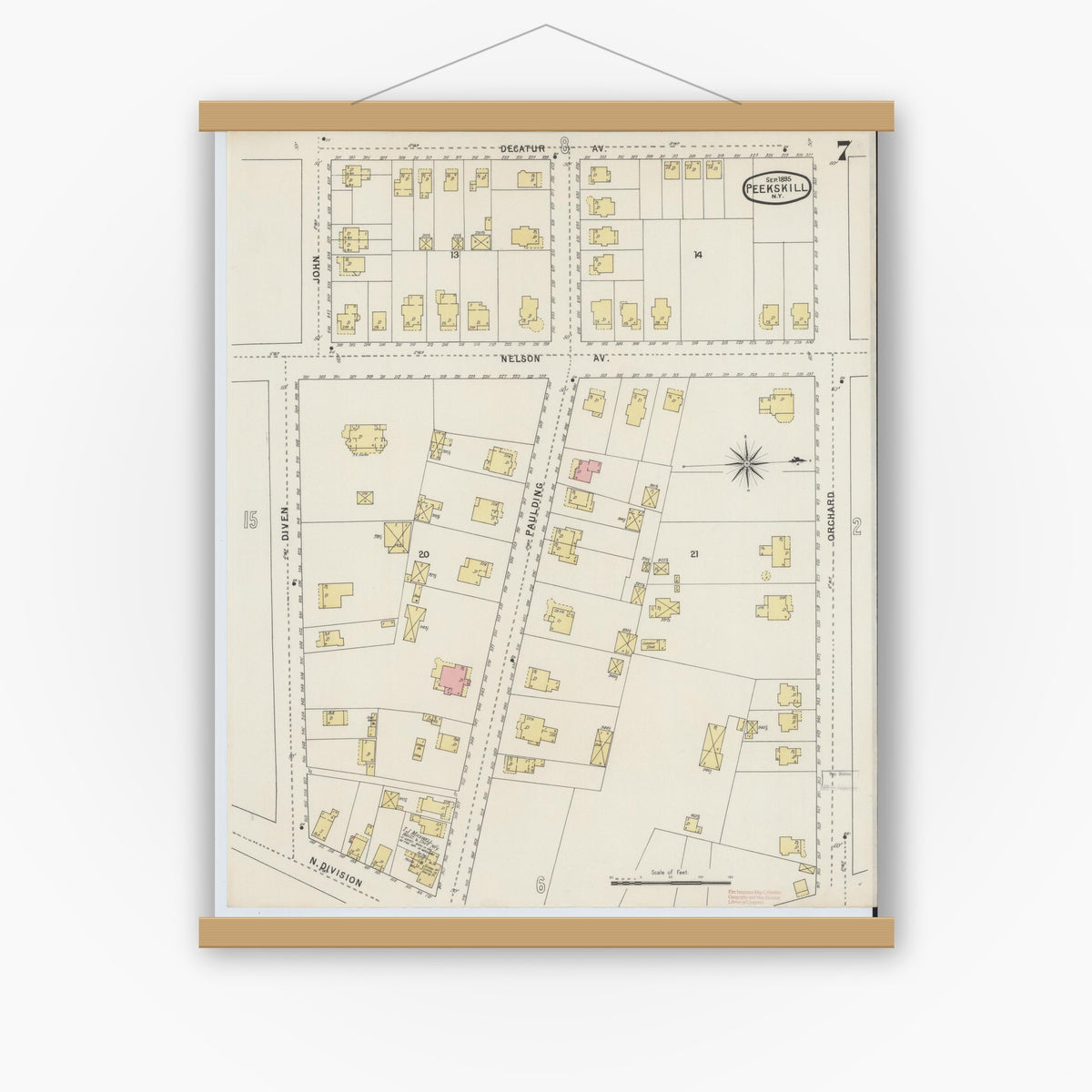 Old map wall art mockup — magnetic wood frame on white wall — Sanborn Fire Insurance Map from Peekskill, Westchester County, New York (1895), Sheet #0007