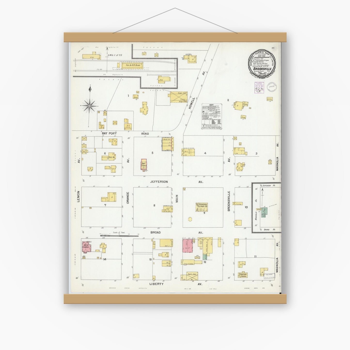 Old map wall art mockup — magnetic wood frame on white wall — Sanborn Fire Insurance Map from Brooksville, Hernando County, Florida (1901), Sheet #0001