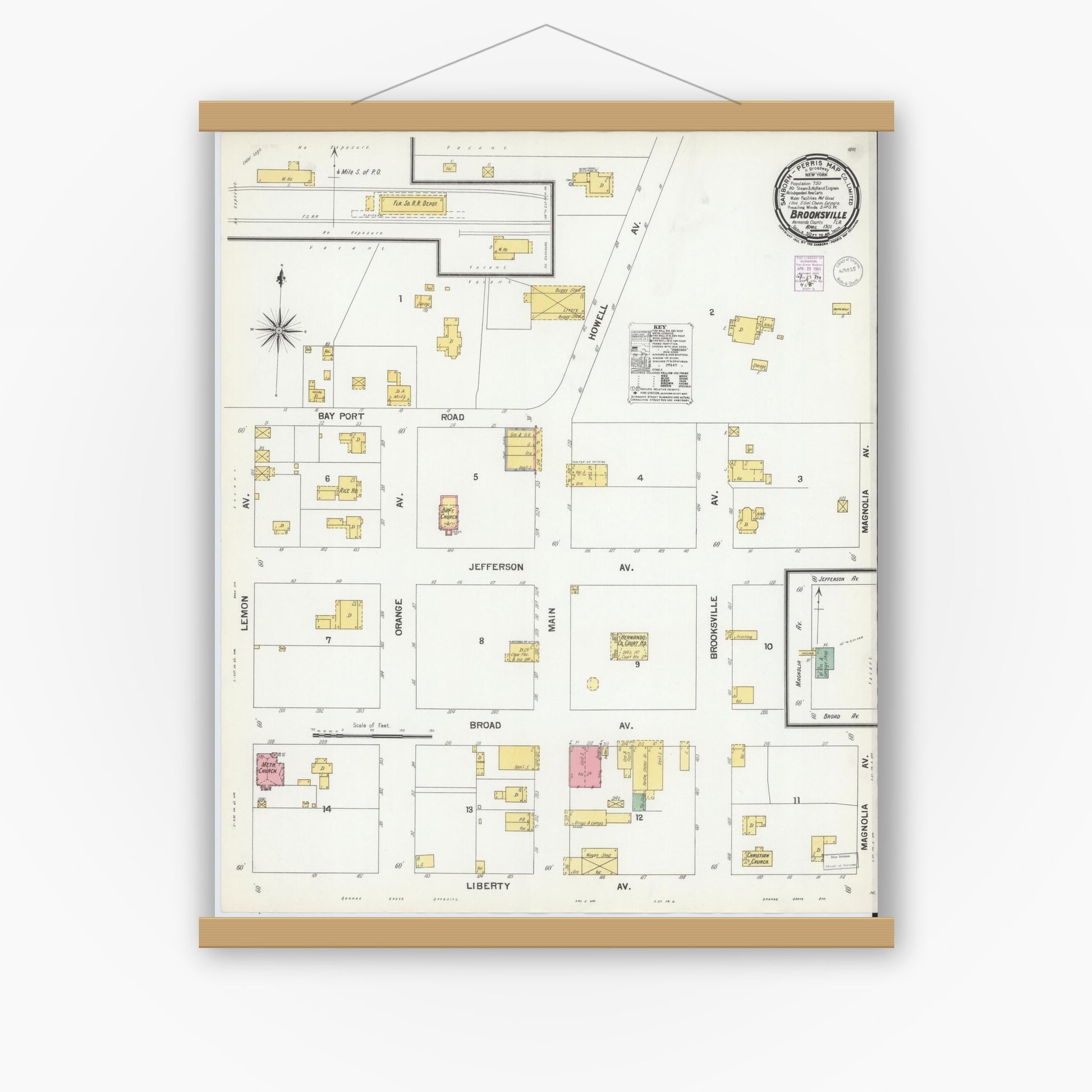 Old map wall art mockup — magnetic wood frame on white wall — Sanborn Fire Insurance Map from Brooksville, Hernando County, Florida (1901), Sheet #0001
