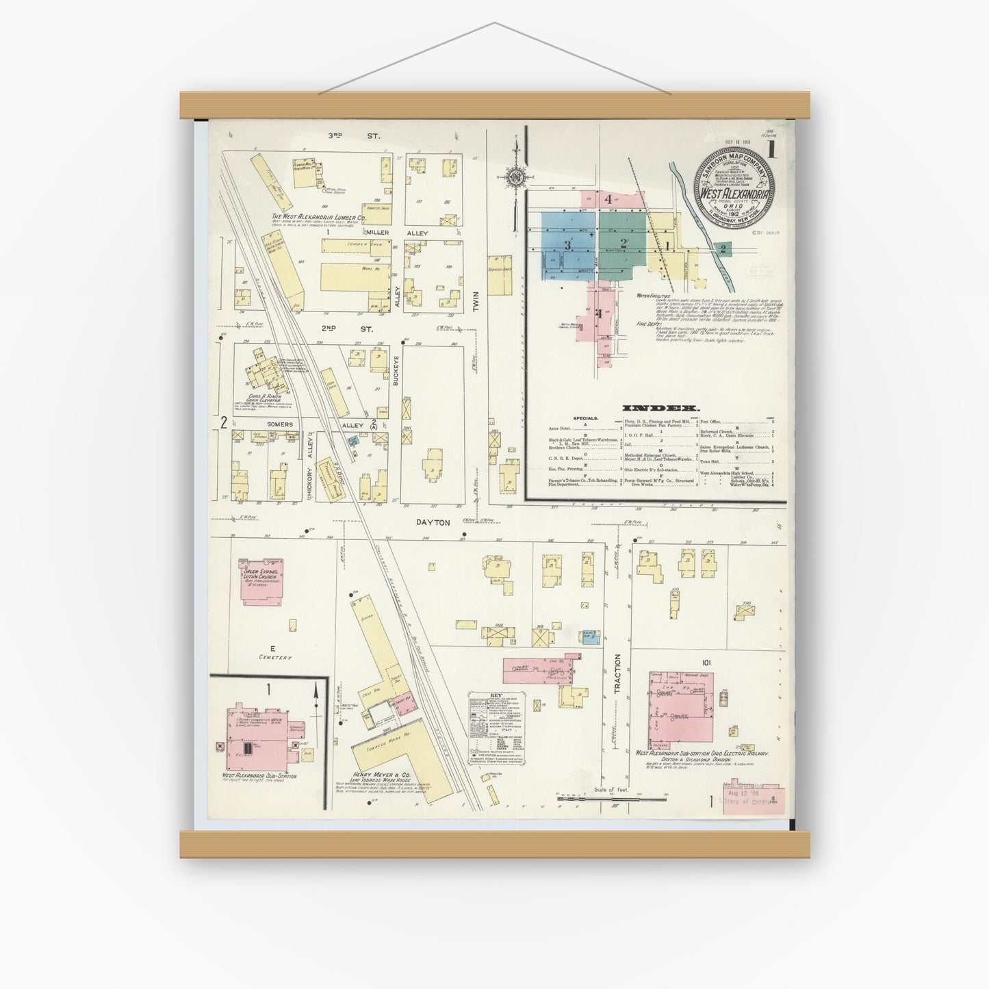 Old map wall art mockup — magnetic wood frame on white wall — Sanborn Fire Insurance Map from West Alexandria, Preble County, Ohio (1912) - Complete Map Set