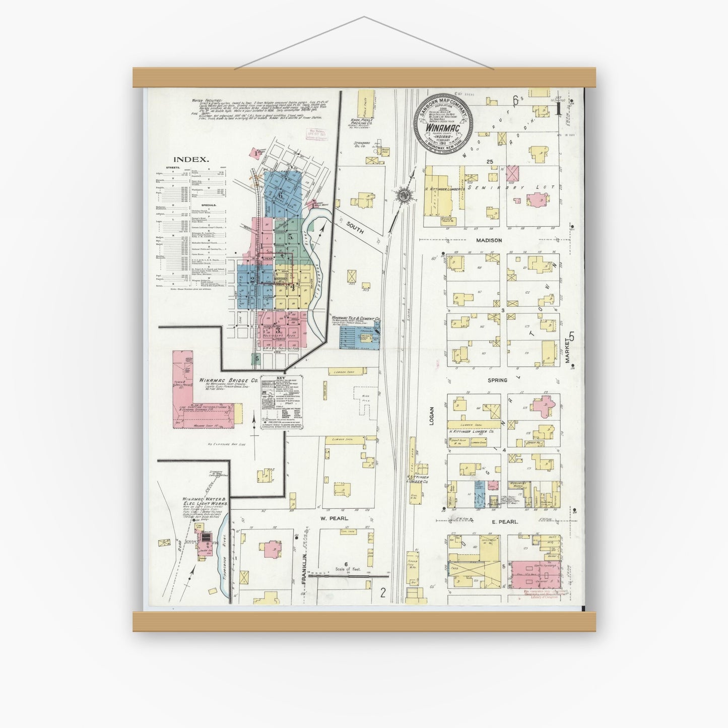 Old map wall art mockup — magnetic wood frame on white wall — Sanborn Fire Insurance Map from Winamac, Pulaski County, Indiana (1911) - Complete Map Set