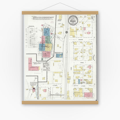 Old map wall art mockup — magnetic wood frame on white wall — Sanborn Fire Insurance Map from Winamac, Pulaski County, Indiana (1911) - Complete Map Set