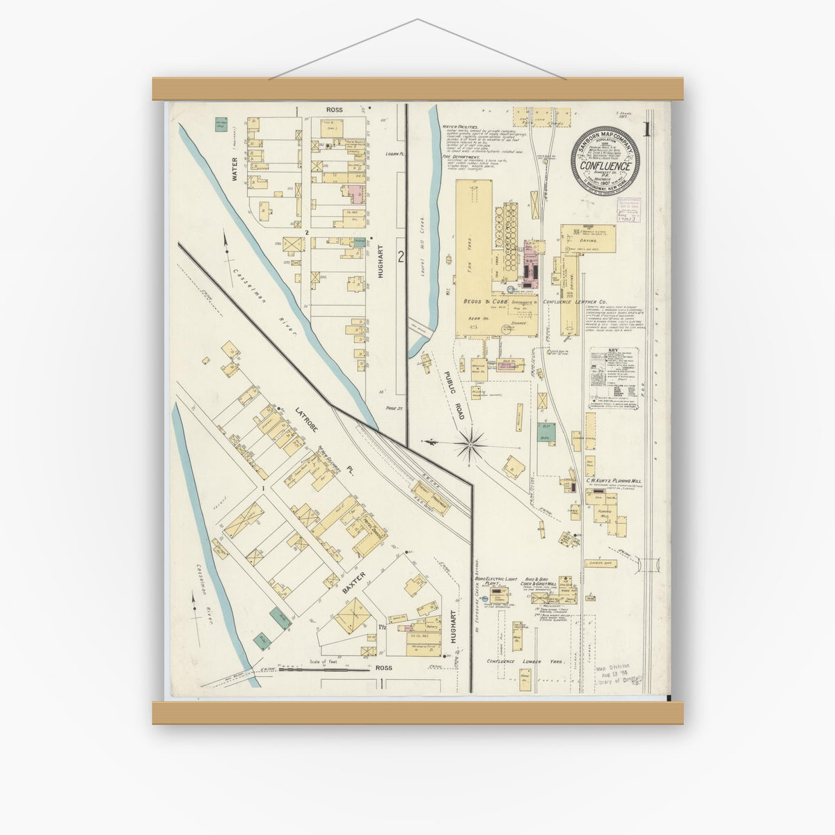 Old map wall art mockup — magnetic wood frame on white wall — Sanborn Fire Insurance Map from Confluence, Somerset County, Pennsylvania (1907) - Complete Map Set