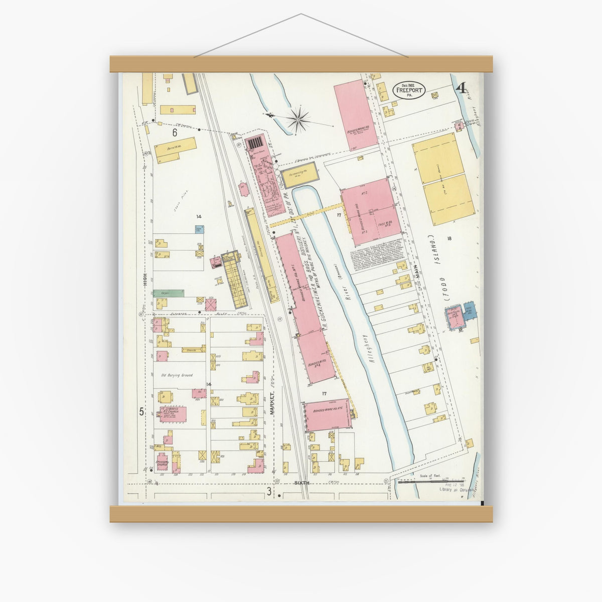Old map wall art mockup — magnetic wood frame on white wall — Sanborn Fire Insurance Map from Freeport, Armstrong County, Pennsylvania (1902), Sheet #0004