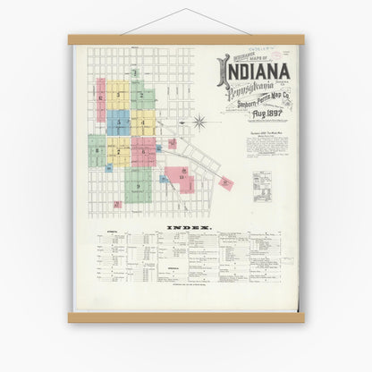 Old map wall art mockup — magnetic wood frame on white wall — Sanborn Fire Insurance Map from Indiana, Indiana County, Pennsylvania (1888) - Complete Map Set