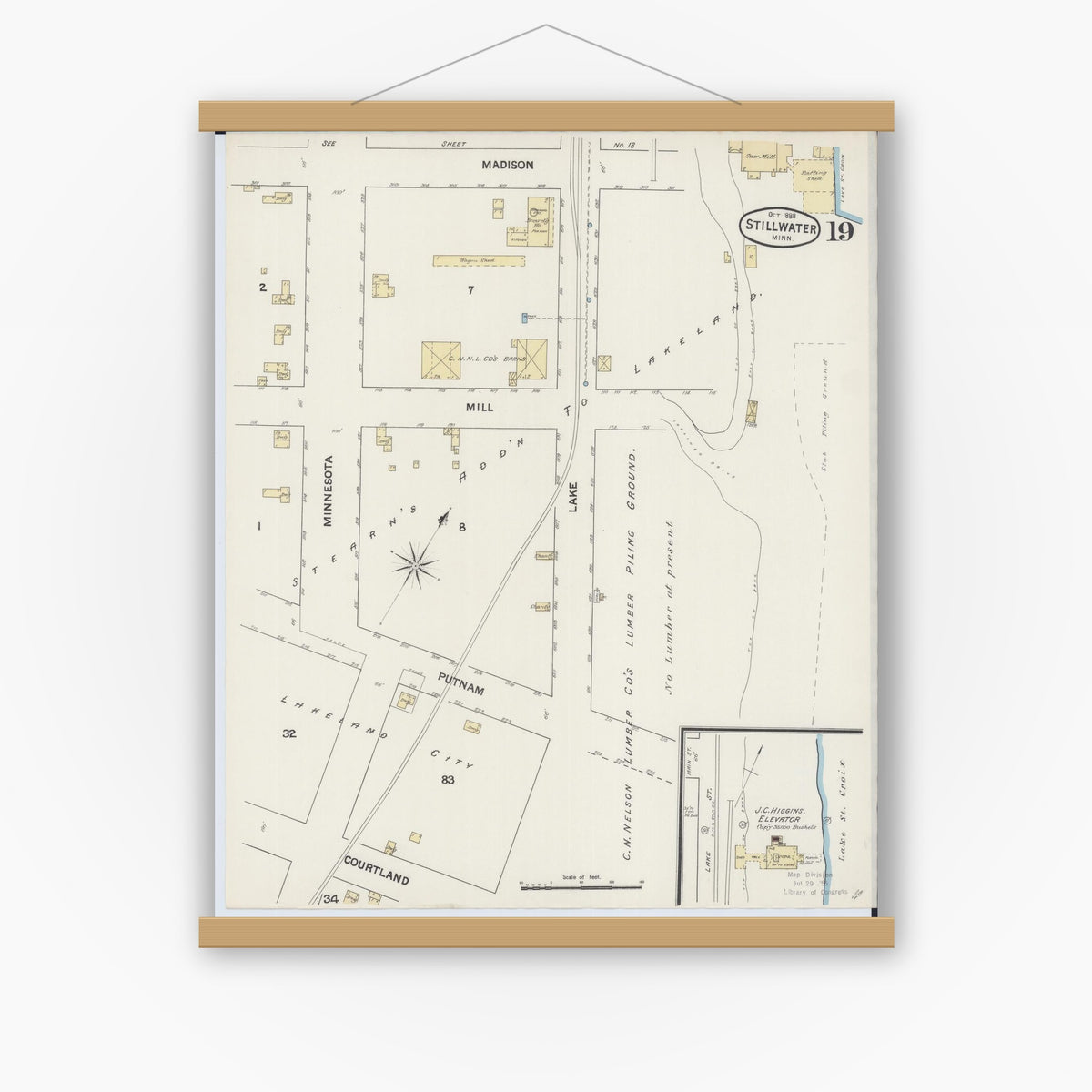 Old map wall art mockup — magnetic wood frame on white wall — Sanborn Fire Insurance Map from Stillwater, Washington County, Minnesota (1888), Sheet #0019