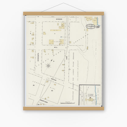 Old map wall art mockup — magnetic wood frame on white wall — Sanborn Fire Insurance Map from Stillwater, Washington County, Minnesota (1888), Sheet #0019