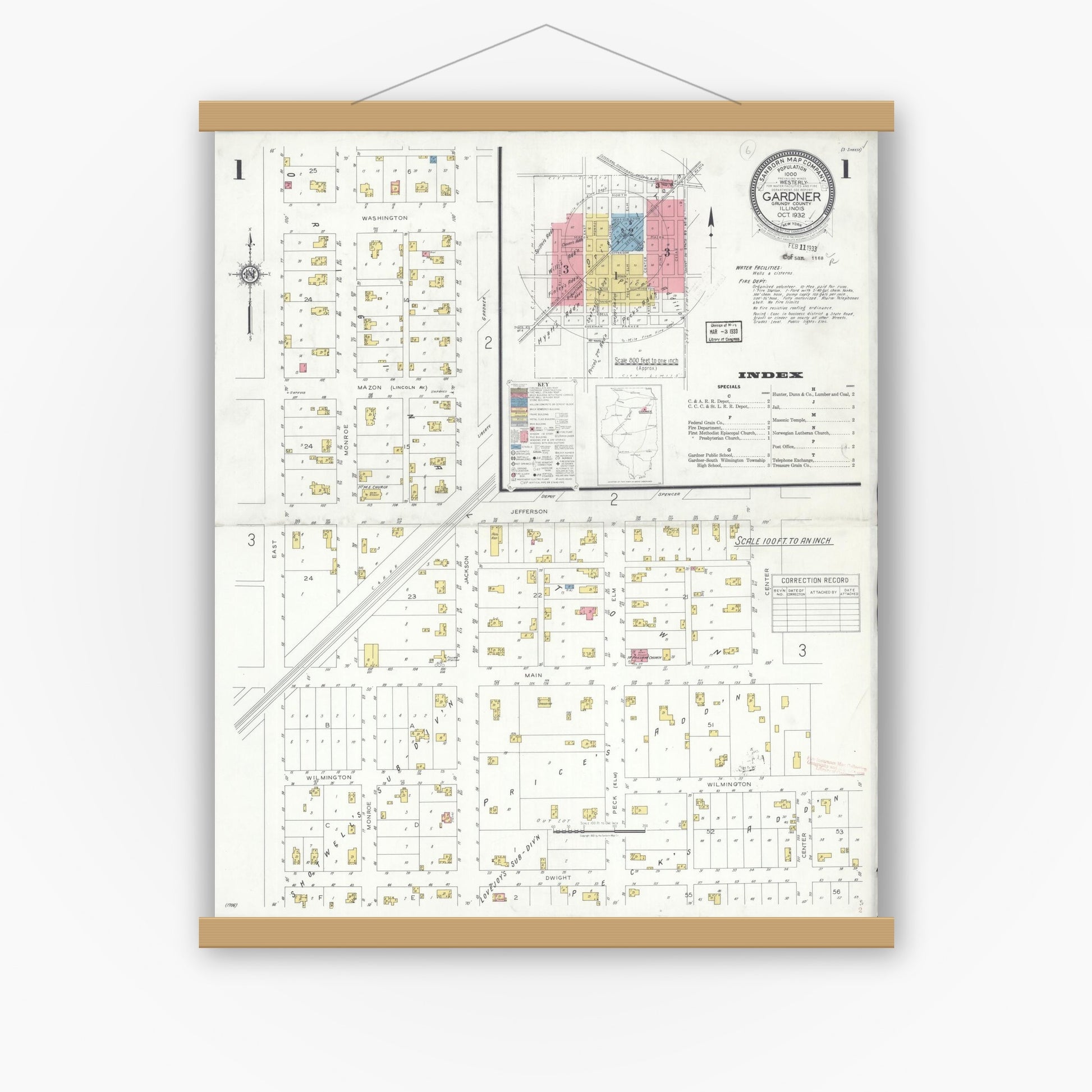 Old map wall art mockup — magnetic wood frame on white wall — Sanborn Fire Insurance Map from Gardner, Grundy County, Illinois (1932) - Complete Map Set