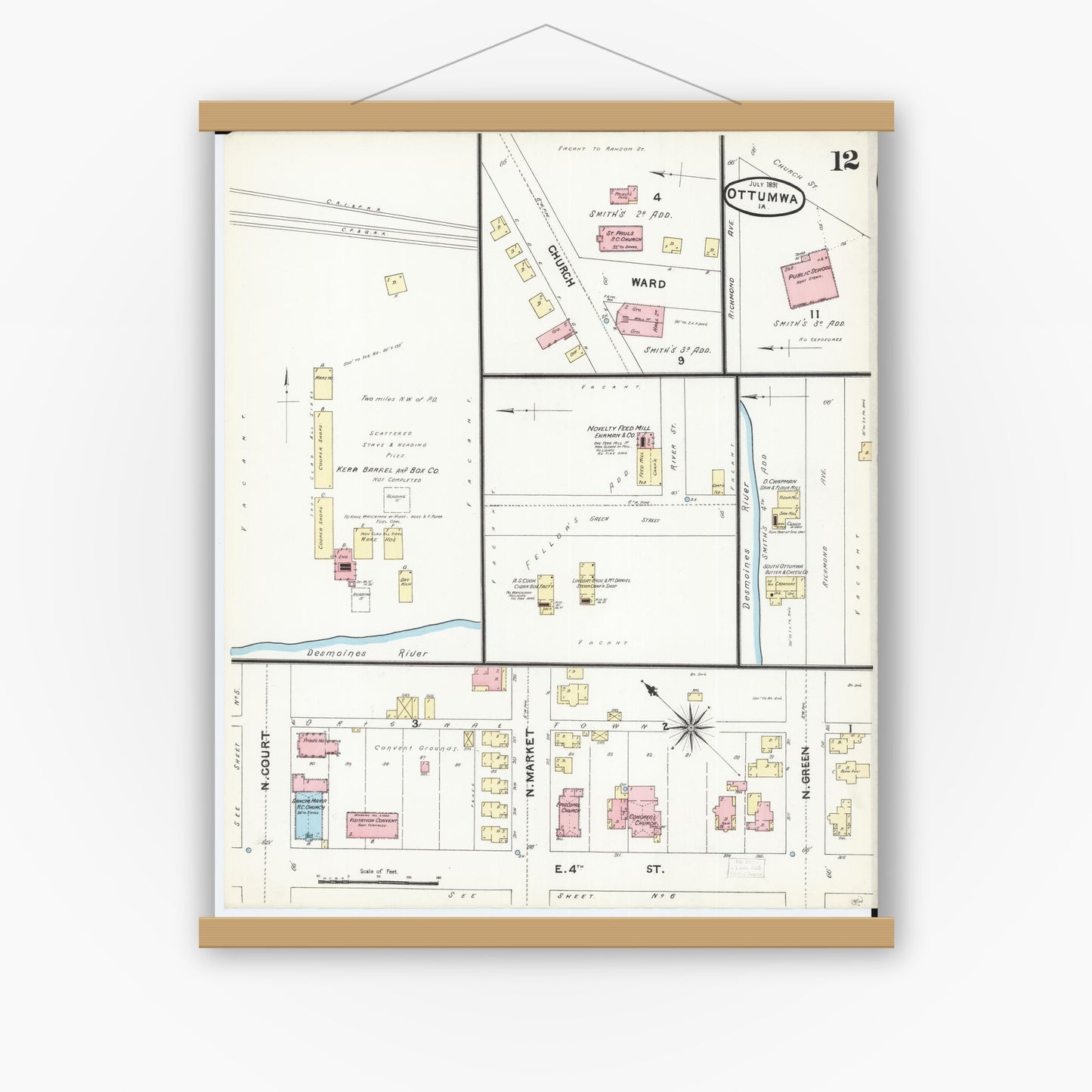Old map wall art mockup — magnetic wood frame on white wall — Sanborn Fire Insurance Map from Ottumwa, Wapello County, Iowa (1891), Sheet #0012