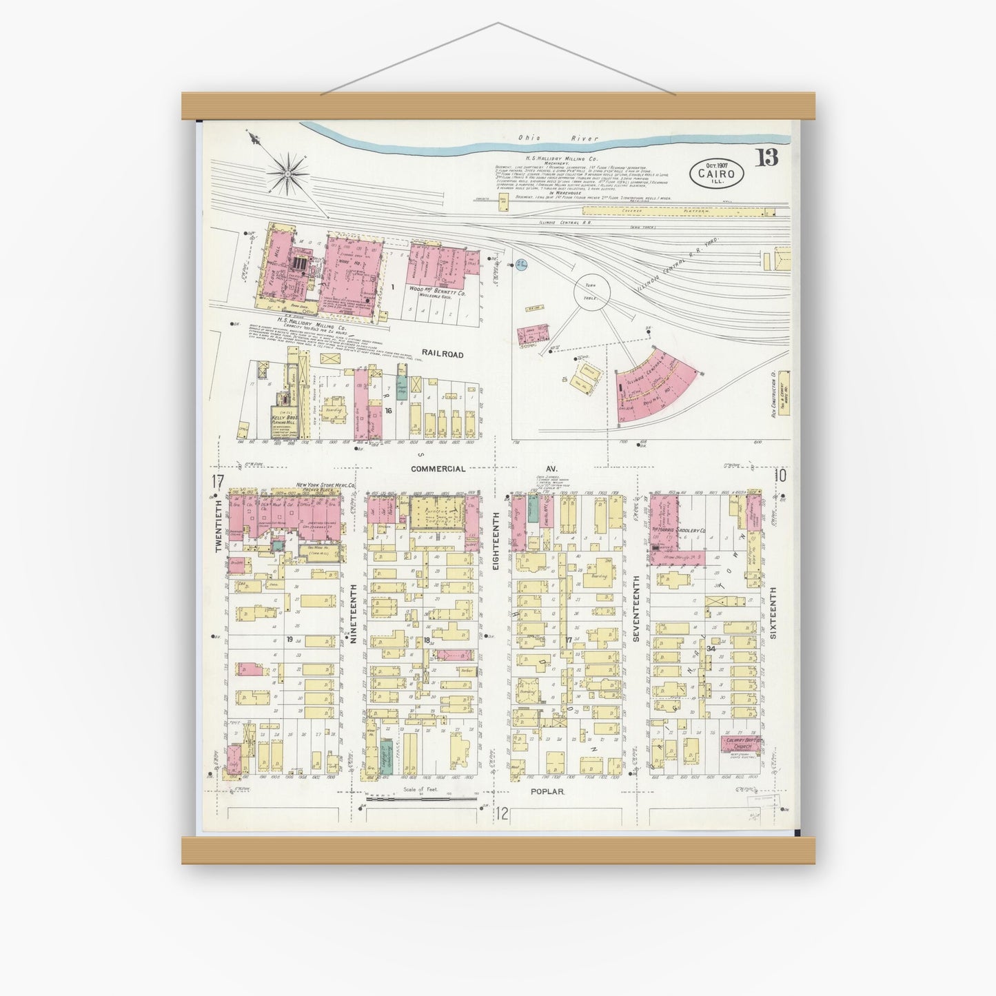 Old map wall art mockup — magnetic wood frame on white wall — Sanborn Fire Insurance Map from Cairo, Alexander County, Illinois (1907), Sheet #0013