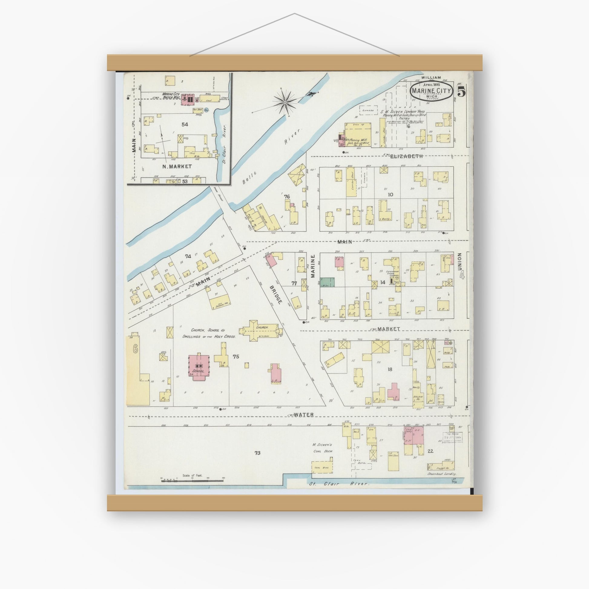 Old map wall art mockup — magnetic wood frame on white wall — Sanborn Fire Insurance Map from Marine City, Saint Clair County, Michigan (1895), Sheet #0005