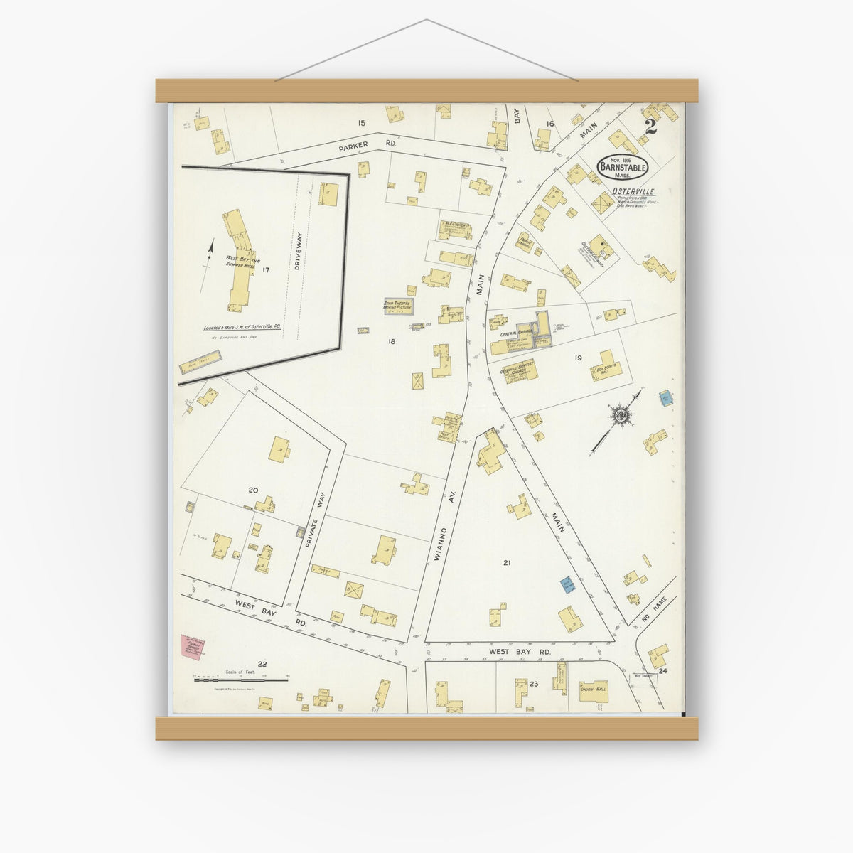 Old map wall art mockup — magnetic wood frame on white wall — Sanborn Fire Insurance Map from Barnstable, Barnstable County, Massachusetts (1916), Sheet #0002