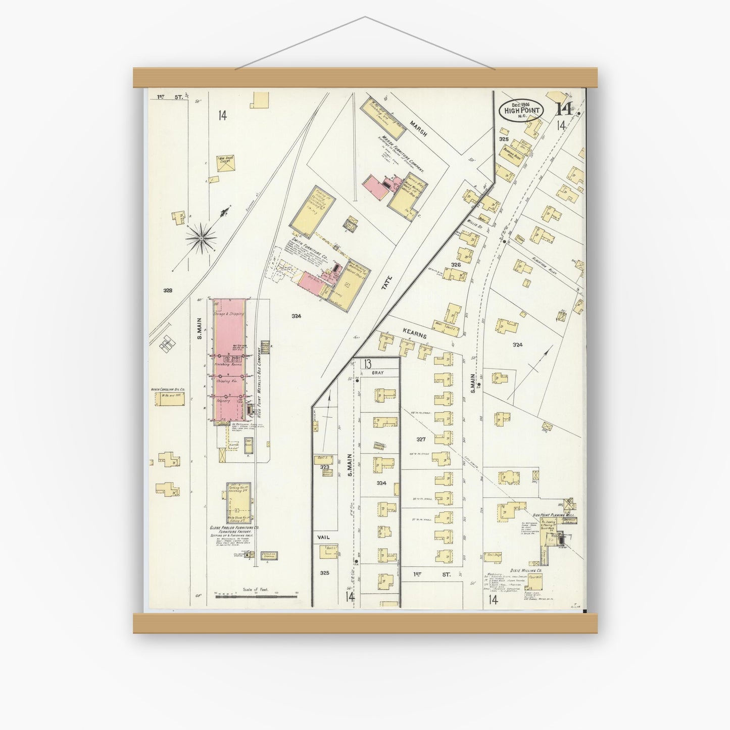 Old map wall art mockup — magnetic wood frame on white wall — Sanborn Fire Insurance Map from High Point, Guilford County, North Carolina (1906), Sheet #0014
