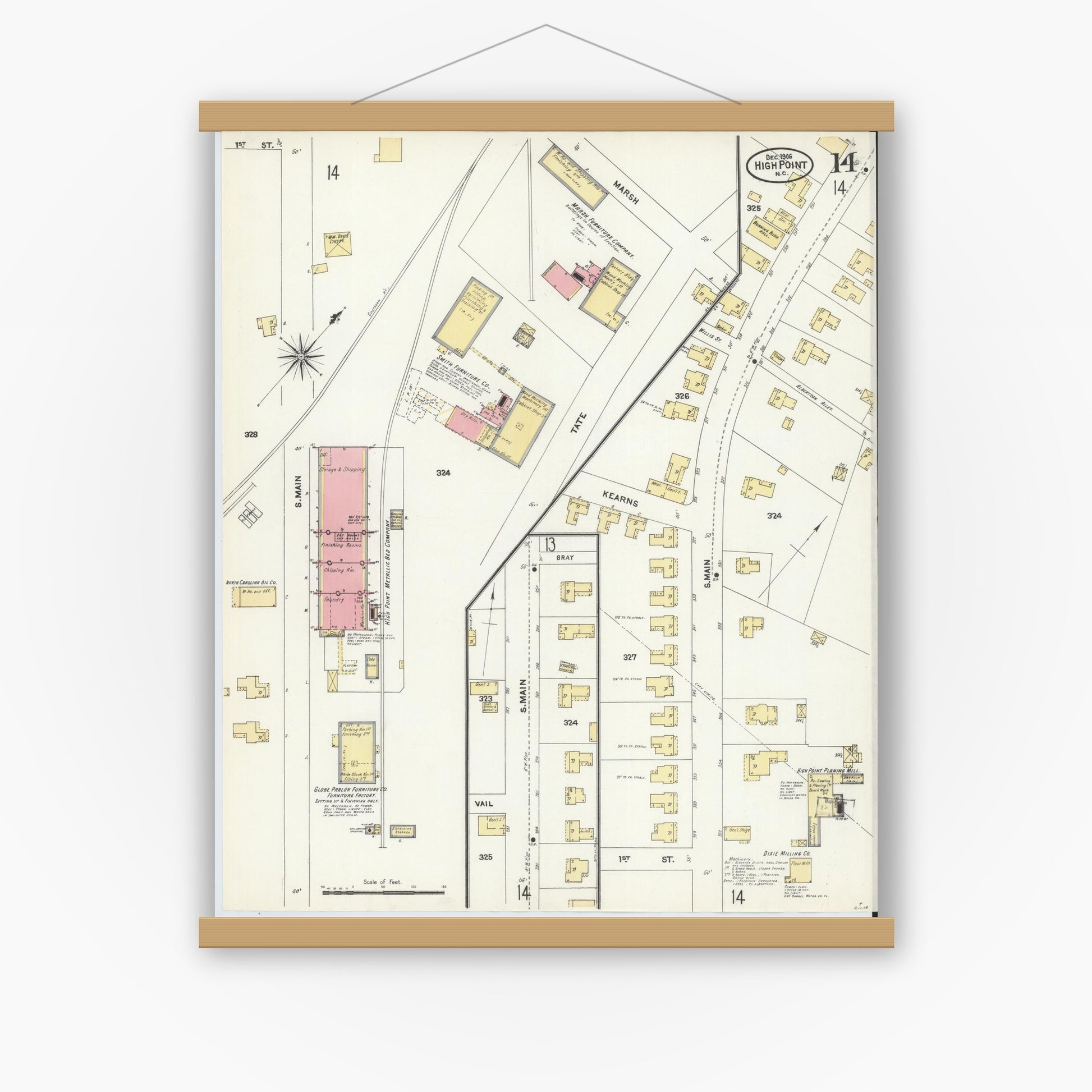 Old map wall art mockup — magnetic wood frame on white wall — Sanborn Fire Insurance Map from High Point, Guilford County, North Carolina (1906), Sheet #0014