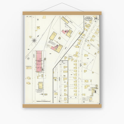 Old map wall art mockup — magnetic wood frame on white wall — Sanborn Fire Insurance Map from High Point, Guilford County, North Carolina (1906), Sheet #0014