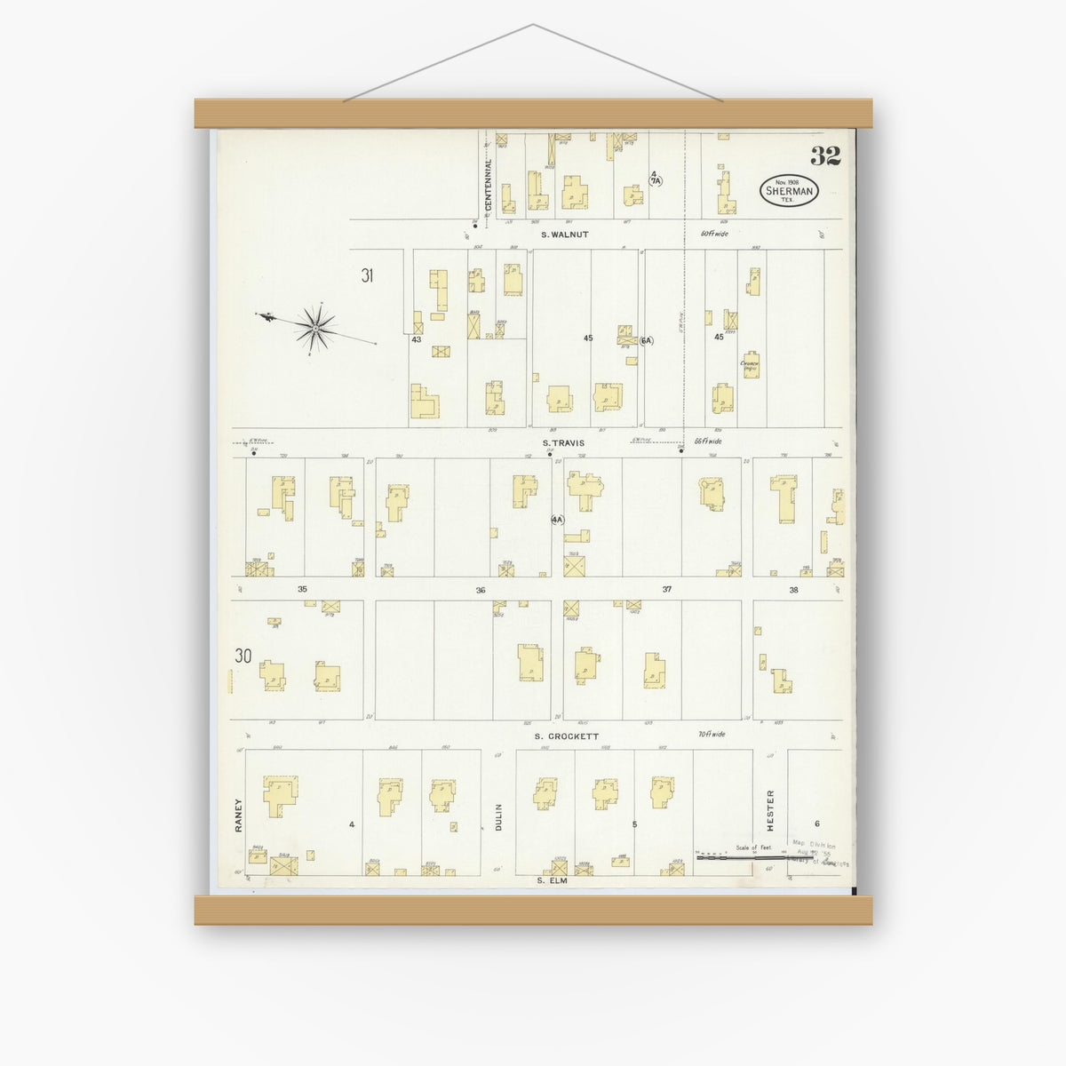 Old map wall art mockup — magnetic wood frame on white wall — Sanborn Fire Insurance Map from Sherman, Grayson County, Texas (1908), Sheet #0032