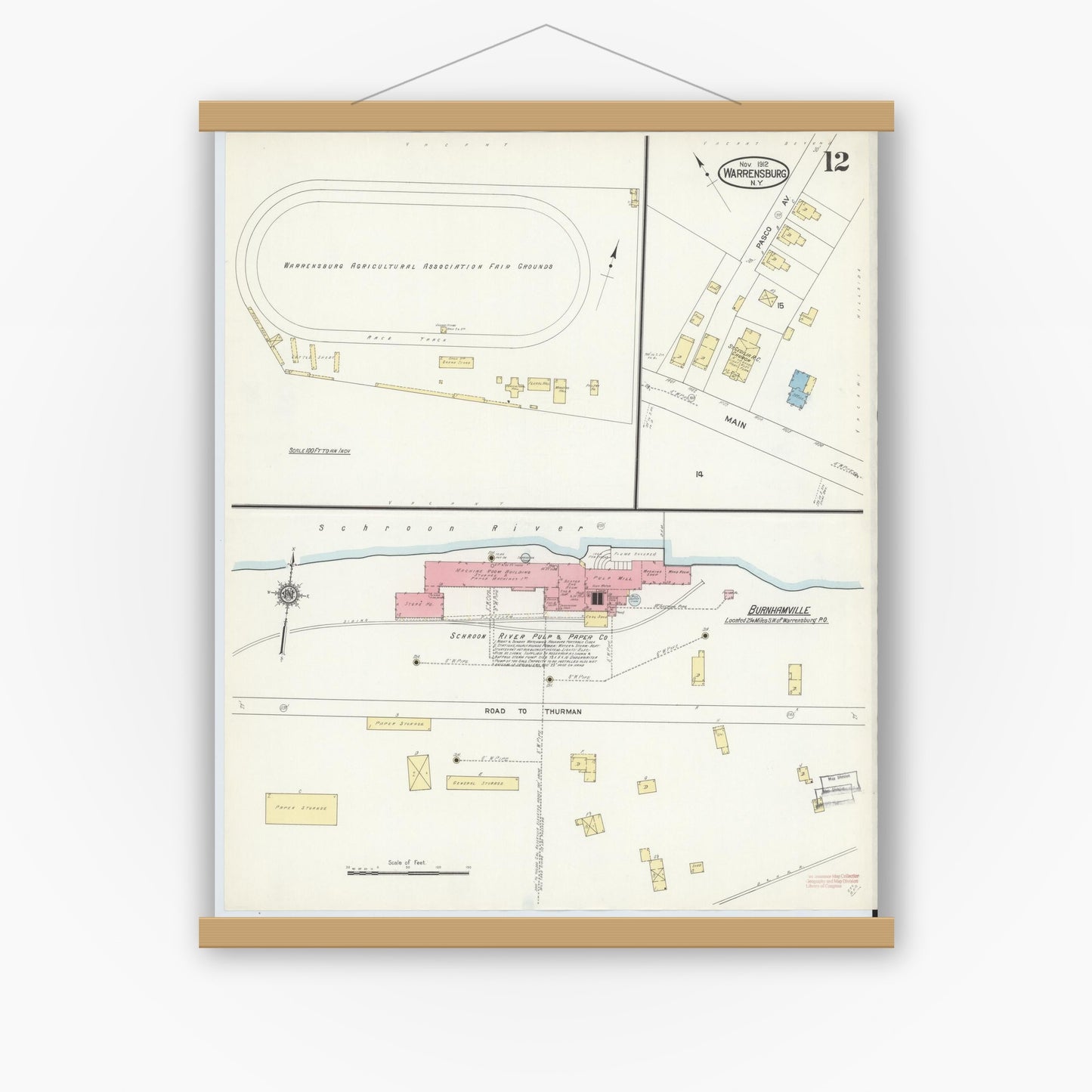 Old map wall art mockup — magnetic wood frame on white wall — Sanborn Fire Insurance Map from Warrensburg, Warren County, New York (1912), Sheet #0012