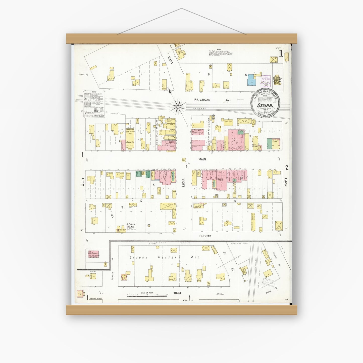 Old map wall art mockup — magnetic wood frame on white wall — Sanborn Fire Insurance Map from Ossian, Winneshiek County, Iowa (1902) â€” Complete Set