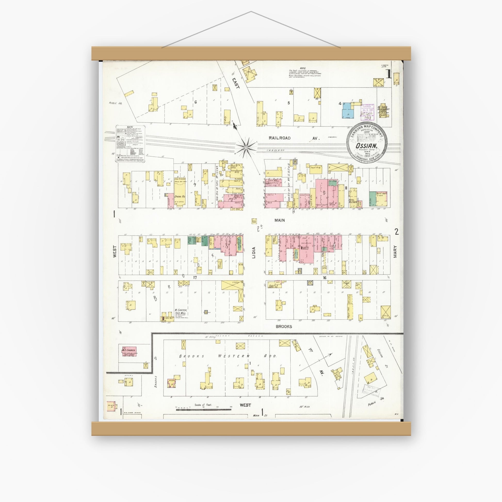Old map wall art mockup — magnetic wood frame on white wall — Sanborn Fire Insurance Map from Ossian, Winneshiek County, Iowa (1902) â€” Complete Set