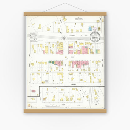 Old map wall art mockup — magnetic wood frame on white wall — Sanborn Fire Insurance Map from Ossian, Winneshiek County, Iowa (1902) â€” Complete Set