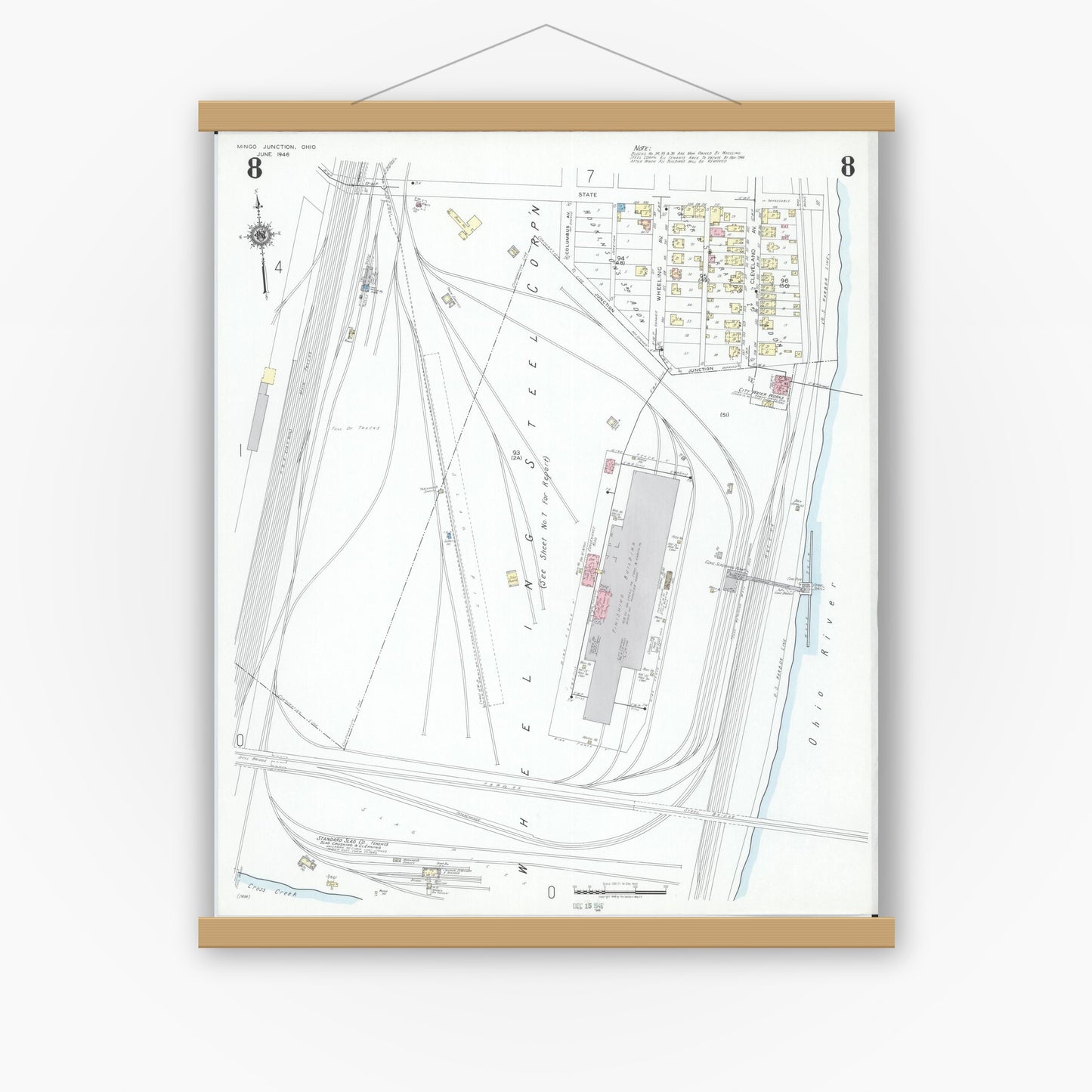 Old map wall art mockup — magnetic wood frame on white wall — Sanborn Fire Insurance Map from Mingo Junction, Jefferson County, Ohio (1946), Sheet #0008