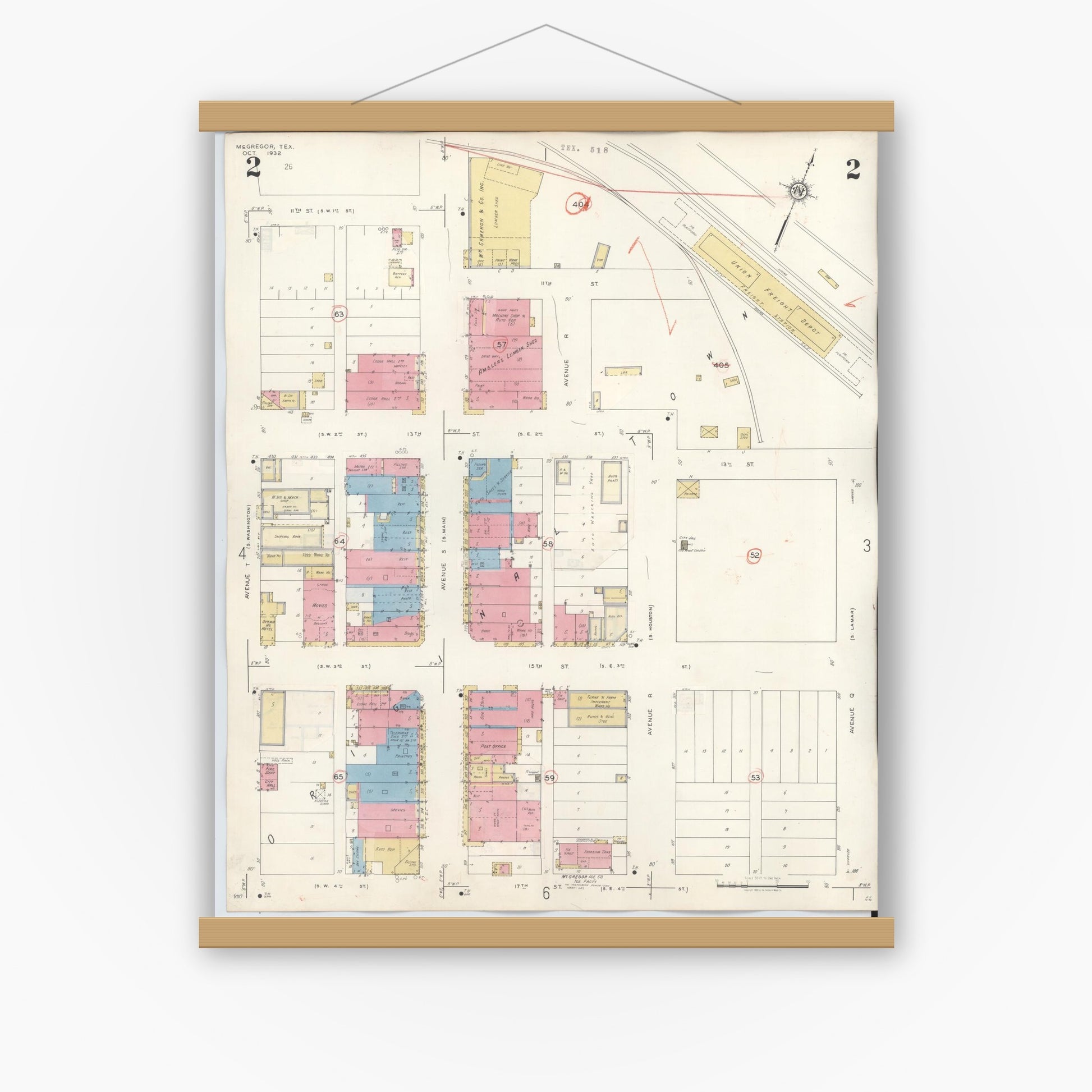 Old map wall art mockup — magnetic wood frame on white wall — Sanborn Fire Insurance Map from McGregor, McLennan County, Texas (1942), Sheet #0002