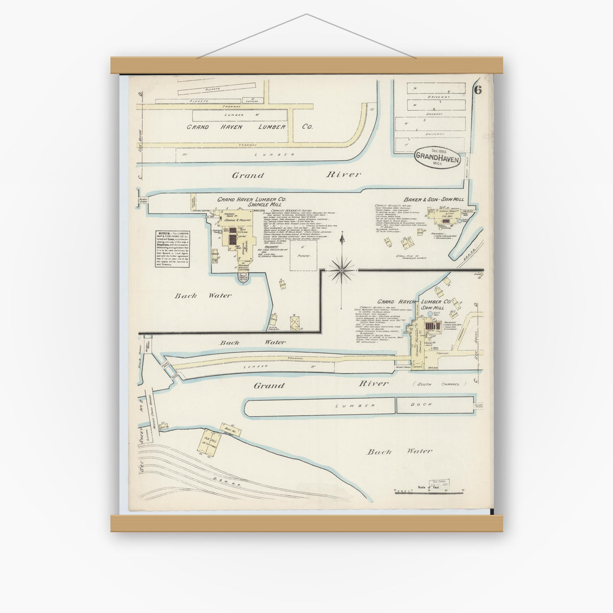 Old map wall art mockup — magnetic wood frame on white wall — Sanborn Fire Insurance Map from Grand Haven, Ottawa County, Michigan (1883), Sheet #0006