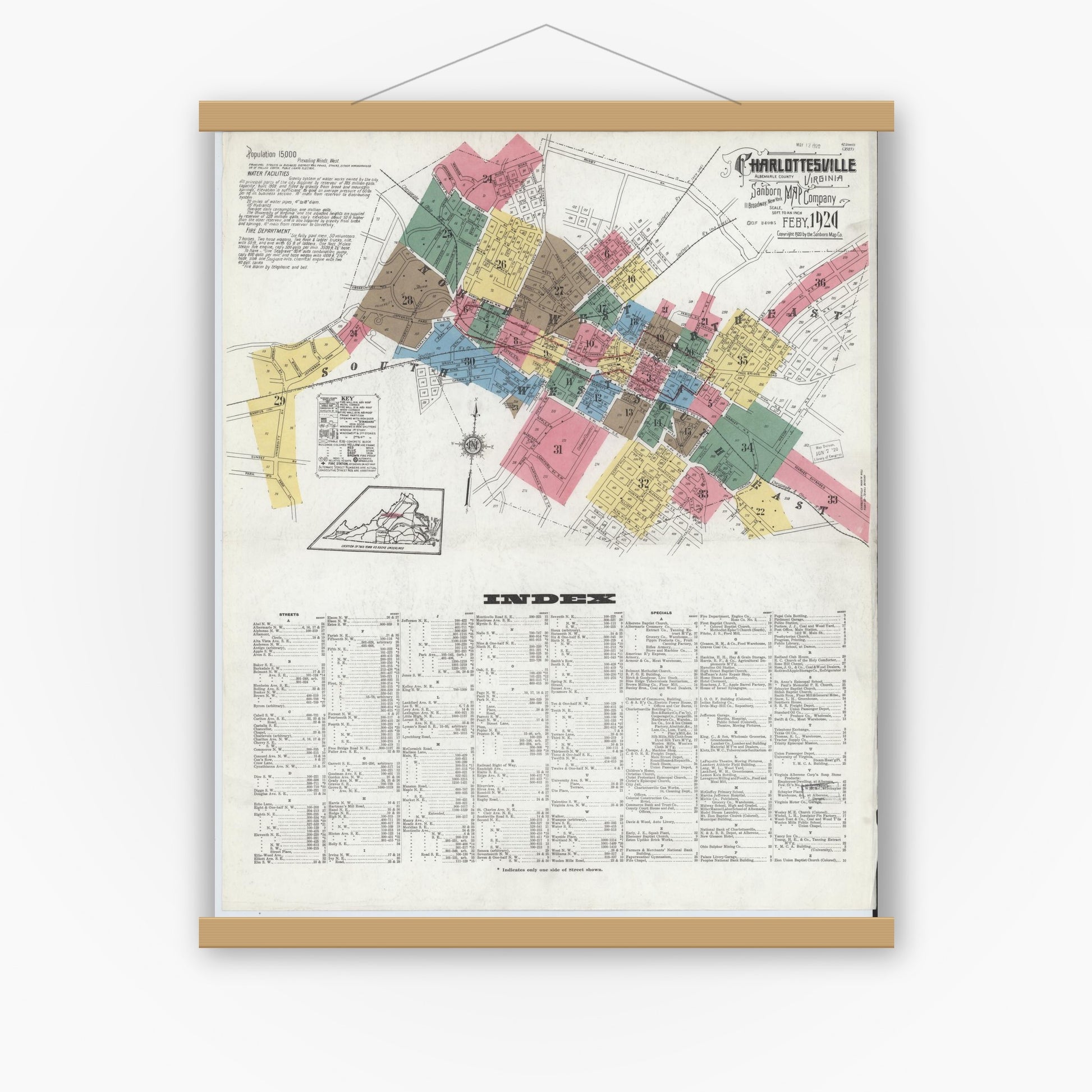 Old map wall art mockup — magnetic wood frame on white wall — Sanborn Fire Insurance Map from Charlottesville, Independent Cities, Virginia (1920) - Complete Map Set