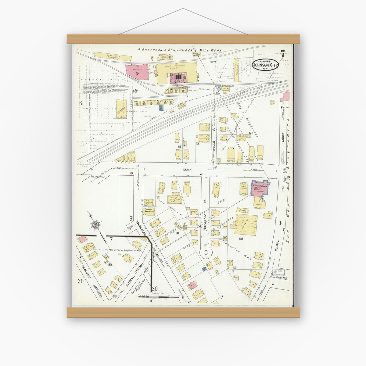 Old map wall art mockup — magnetic wood frame on white wall — Sanborn Fire Insurance Map from Johnson City, Broome County, New York (1918), Sheet #0007